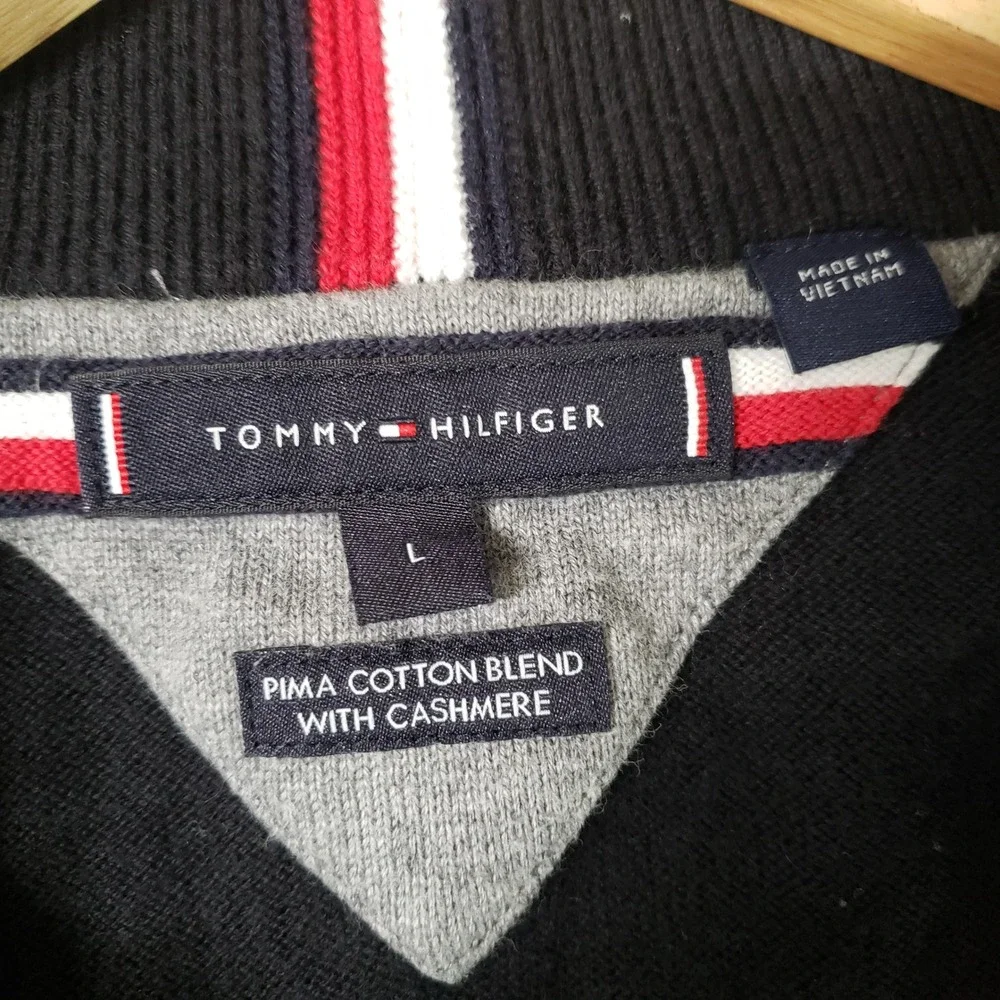 Tommy Hilfiger Quarter Zip Sweater Large Black Pima Cotton‎ Cashmere Pullover